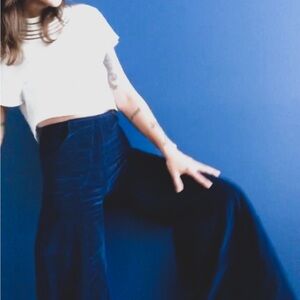 Women's Navy Blue High-Waisted Velvet Bellbottoms